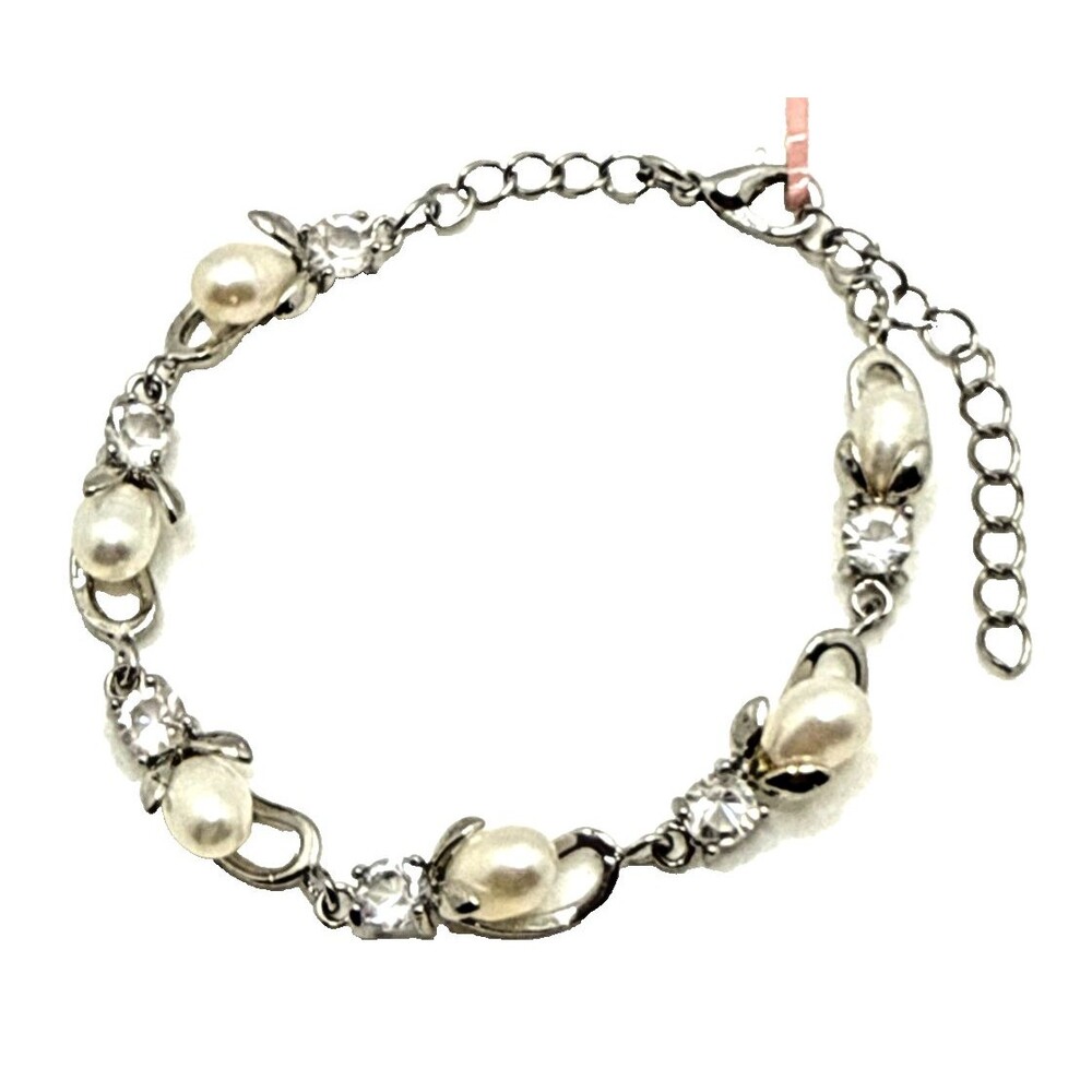 NEW Genuine Freshwater Pearl Bracelet Rhinestone Floral Statement Wedding 8" NWT